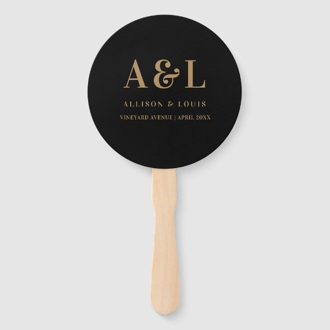 Wedding Monogram Minimalist Black Gold Hand Fan (Front)