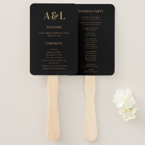 Wedding Monogram Minimalist Black Gold Hand Fan