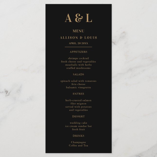 Wedding Monogram Minimalist Black Gold Menu (Front)