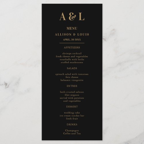 Wedding Monogram Minimalist Black Gold Menu