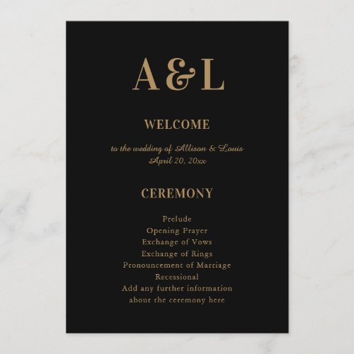 Wedding Monogram Minimalist Black Gold Program