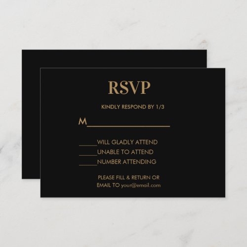 Wedding Monogram Minimalist Black Gold RSVP Card
