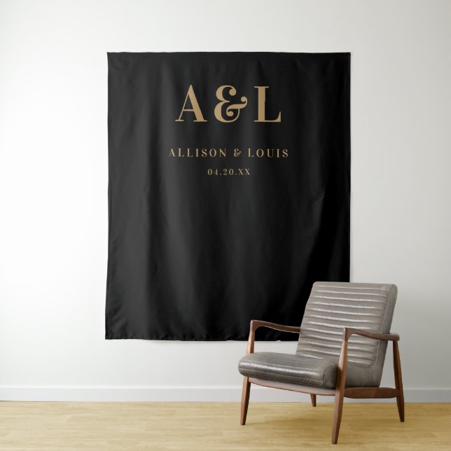 Wedding Monogram Minimalist Black Gold Tapestry (In Situ)