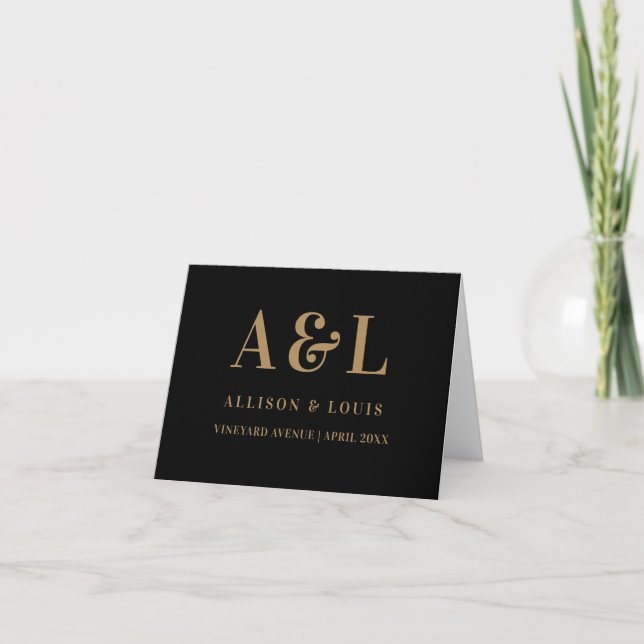 Wedding Monogram Minimalist Black Gold Thank You Card (Front)