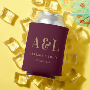 Wedding Monogram Minimalist Burgundy Gold Can Cooler