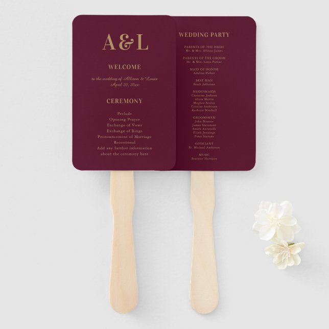 Wedding Monogram Minimalist Burgundy Gold Hand Fan (Front and Back)