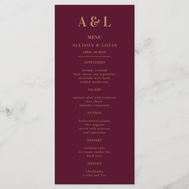 Wedding Monogram Minimalist Burgundy Gold Menu (Front)