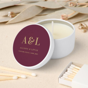 Wedding Monogram Minimalist Burgundy Gold Mini Candle Favors