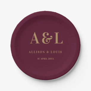 Wedding Monogram Minimalist Burgundy Gold Paper Plates