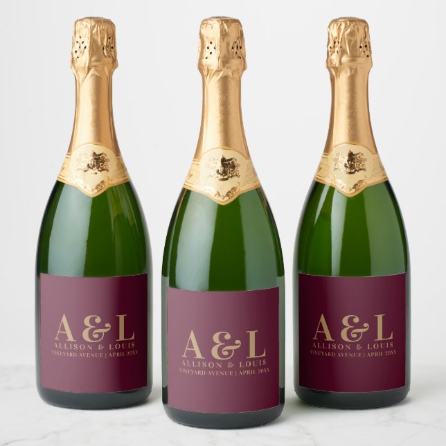 Wedding Monogram Minimalist Burgundy Gold Sparkling Wine Label (Bottles)