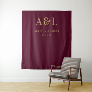 Wedding Monogram Minimalist Burgundy Gold Tapestry
