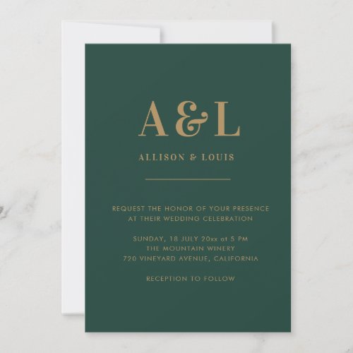 Wedding Monogram Minimalist Emerald Gold Invitation