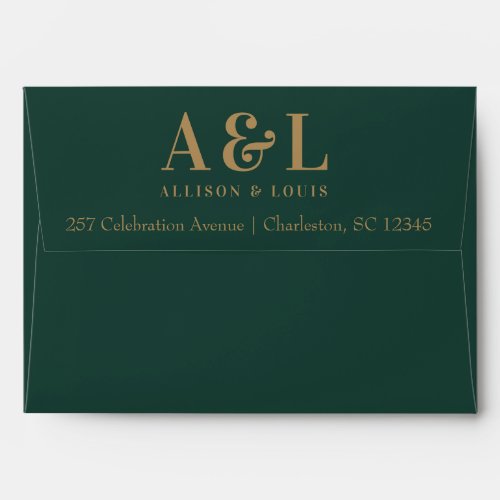 Wedding Monogram Minimalist Emerald Green Gold Envelope