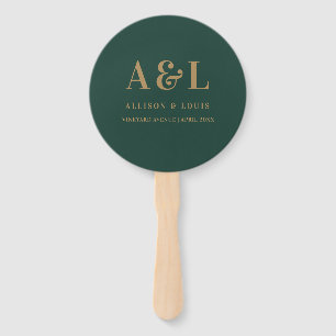 Wedding Monogram Minimalist Emerald Green Gold Hand Fan