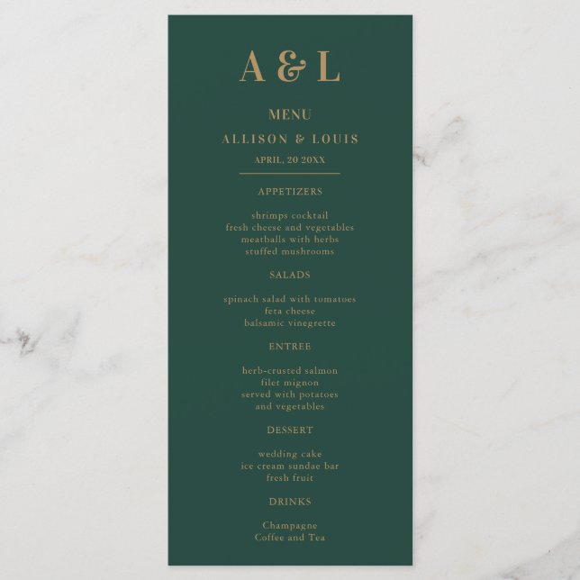 Wedding Monogram Minimalist Emerald Green Gold Menu (Front)
