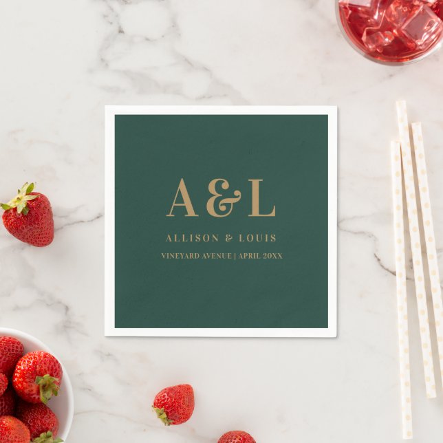Wedding Monogram Minimalist Emerald Green Gold Napkins (Insitu)