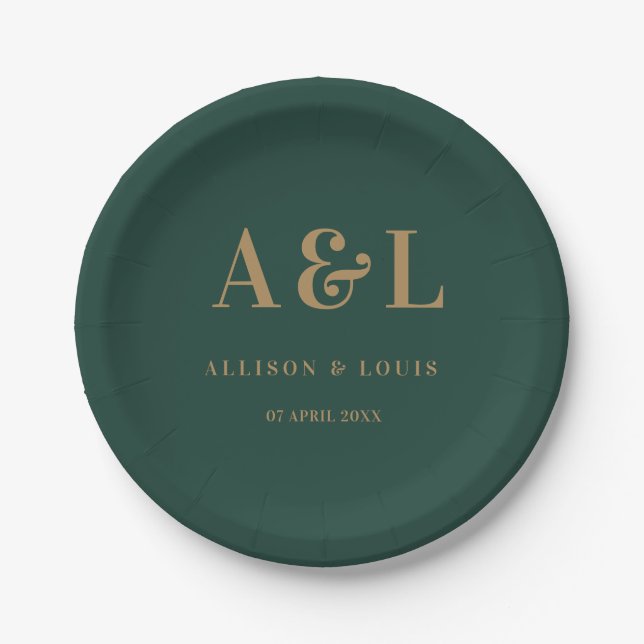 Wedding Monogram Minimalist Emerald Green Gold Paper Plates (Front)