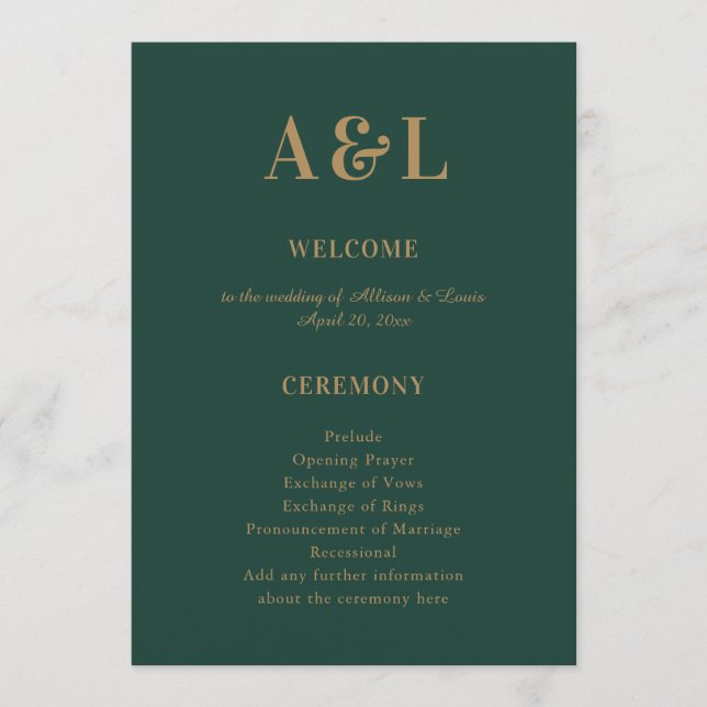Wedding Monogram Minimalist Emerald Green Gold Program (Front)