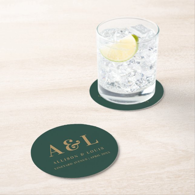Wedding Monogram Minimalist Emerald Green Gold Round Paper Coaster (Insitu)
