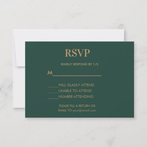 Wedding Monogram Minimalist Emerald Green Gold RSVP Card