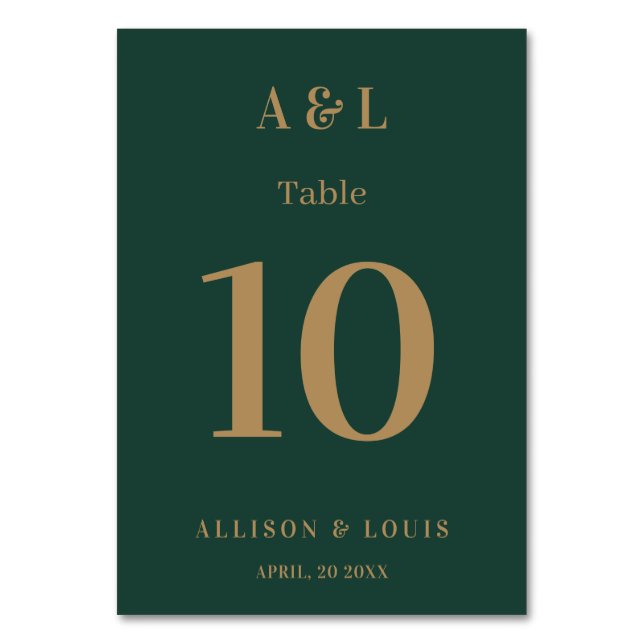 Wedding Monogram Minimalist Emerald Green Gold Table Number (Front)