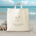 Wedding Monogram Minimalist Simple Elegant Black Tote Bag<br><div class="desc">Introducing our Elegant Monogrammed Modern Couples Initials Logo Design. This tote bag favor in elegant black boasts a timeless design. Against a natural canvas background, black fonts and elements create a sophisticated look. The design features a custom couple monogram initials logo, showcasing the first initials of the couple. All colors...</div>