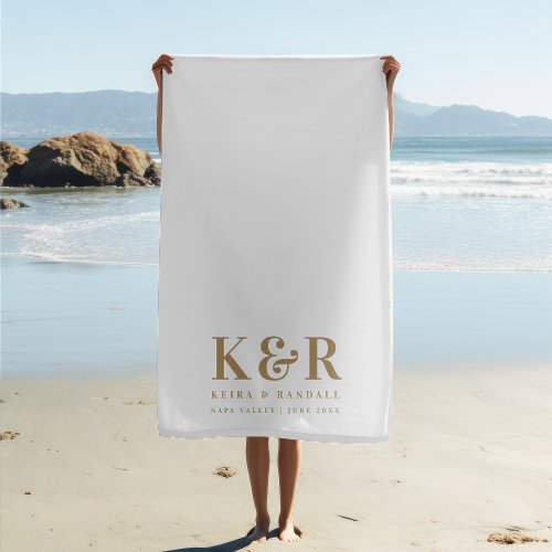 Wedding Monogram Minimalist Simple Gold and White Beach Towel