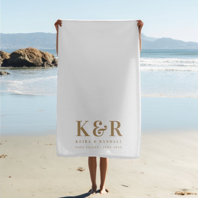 Wedding Monogram Minimalist Simple Gold and White Beach Towel (Creator Uploaded)
