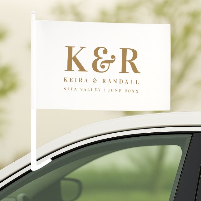 Wedding Monogram Minimalist Simple Gold and White Car Flag (Creator Uploaded)