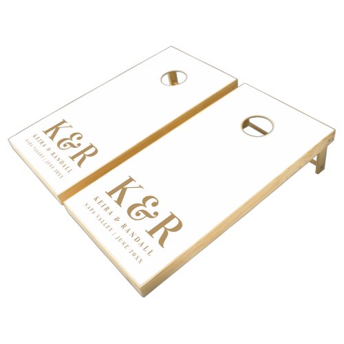 Wedding Monogram Minimalist Simple Gold and White Cornhole Set