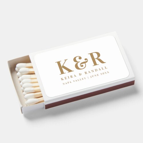 Wedding Monogram Minimalist Simple Gold and White Matchboxes