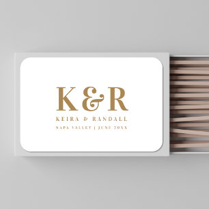 Wedding Monogram Minimalist Simple Gold and White Matchboxes