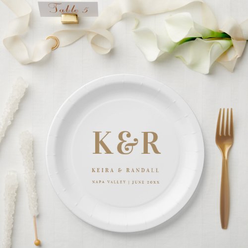 Wedding Monogram Minimalist Simple Gold and White Paper Plates