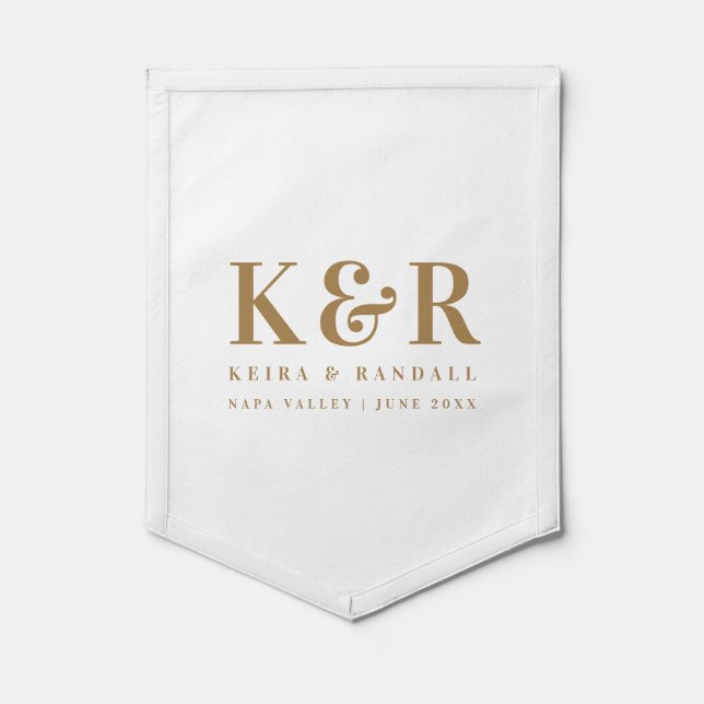 Wedding Monogram Minimalist Simple Gold and White Pennant (Front)