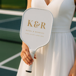 Wedding Monogram Minimalist Simple Gold and White Pickleball Paddle
