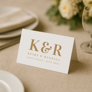 Wedding Monogram Minimalist Simple Gold and White Place Card