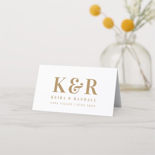 Wedding Monogram Minimalist Simple Gold and White Place Card