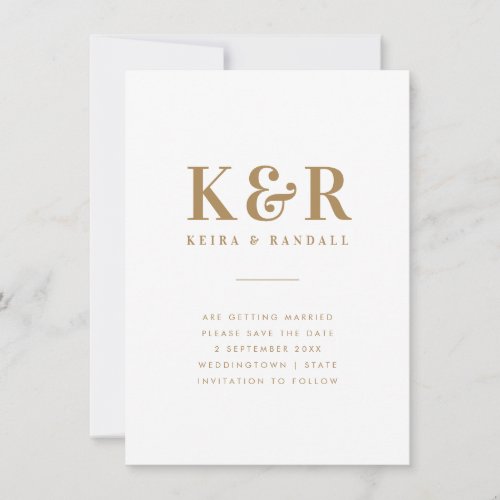 Wedding Monogram Minimalist Simple Gold and White Save The Date