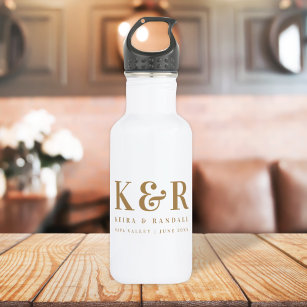 Wedding Monogram Minimalist Simple Gold and White Stainless Steel Water Bottle