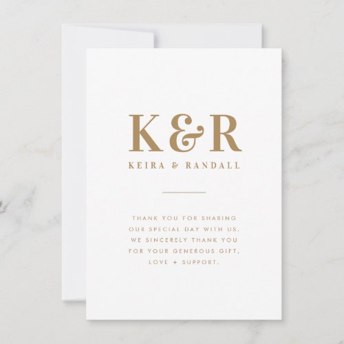 Wedding Monogram Minimalist Simple Gold and White Thank You Card