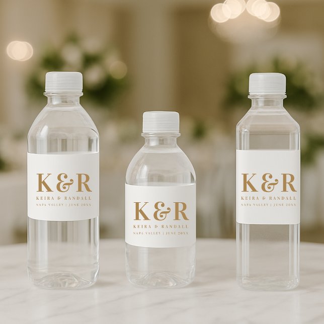 Wedding Monogram Minimalist Simple Gold and White Water Bottle Label (Creator Uploaded)