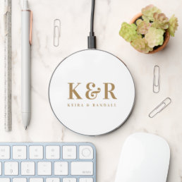 Wedding Monogram Minimalist Simple Gold and White Wireless Charger