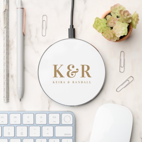 Wedding Monogram Minimalist Simple Gold and White Wireless Charger