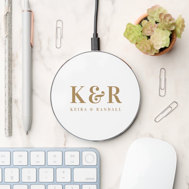 Wedding Monogram Minimalist Simple Gold and White Wireless Charger (Desk)