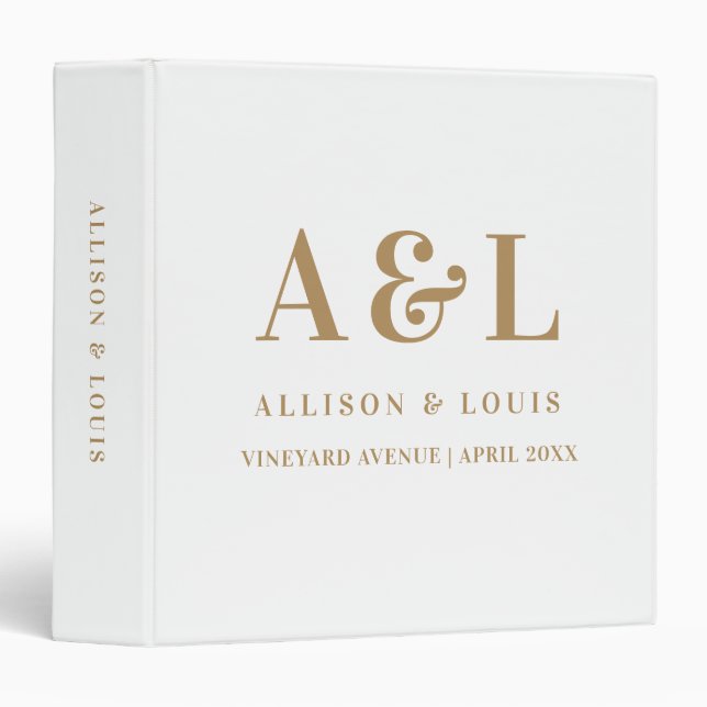 Wedding Monogram Minimalist White Gold 3 Ring Binder (Front/Spine)