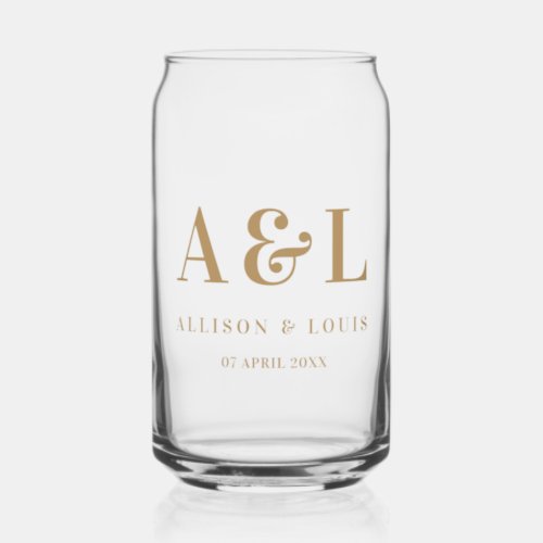 Wedding Monogram Minimalist White Gold Can Glass