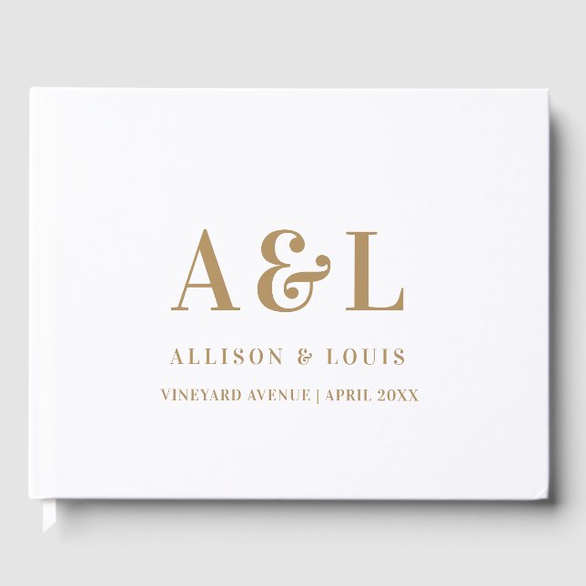 Wedding Monogram Minimalist White Gold Guest Book (Front)