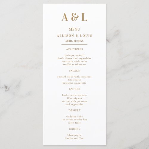 Wedding Monogram Minimalist White Gold Menu