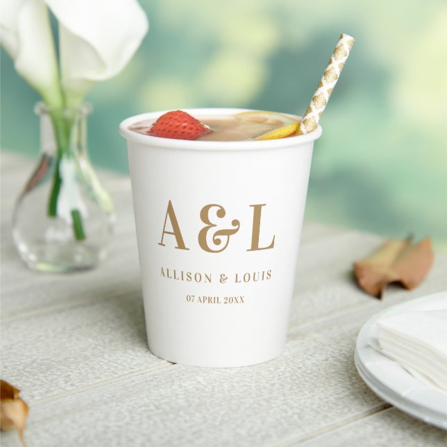 Wedding Monogram Minimalist White Gold Paper Cups (Insitu)