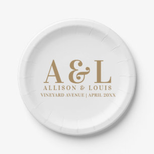 Wedding Monogram Minimalist White Gold Paper Plates